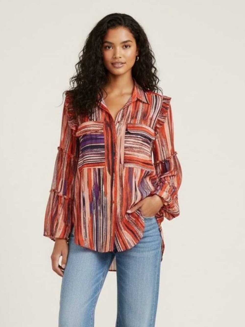 MISA Los Angeles Striped Ruffle Blouse Size S